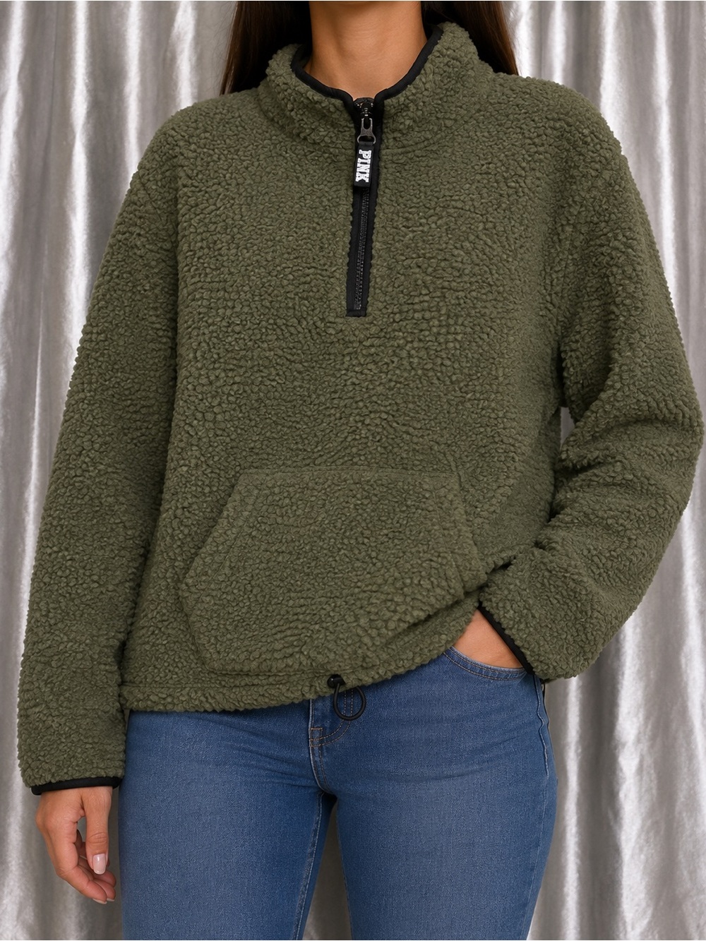 Victoria’s Secret PINK Sherpa Boyfriend Quarter Zip Pullover Womens XS Olive